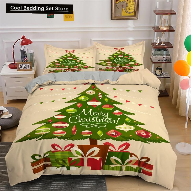 Frohe Weihnachten King Queen Bettwäsche Set Weihnachtsmann Schneemann Bettdeckenbezug Weihnachtsbaum Bettbezug Rot Polyester Steppdeckenbezug