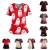 Halloween Print V Neck Short Sleeve Nurse Scrub Top with Double Pockets and Side Slit Hem for Healthcare Workers and Caregivers