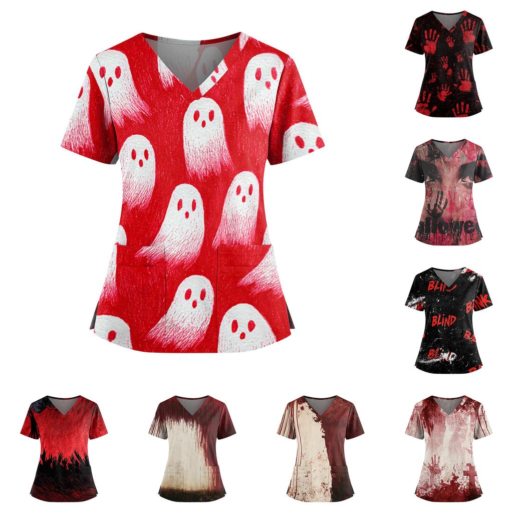 Halloween Print V Neck Short Sleeve Nurse Scrub Top with Double Pockets and Side Slit Hem for Healthcare Workers and Caregivers