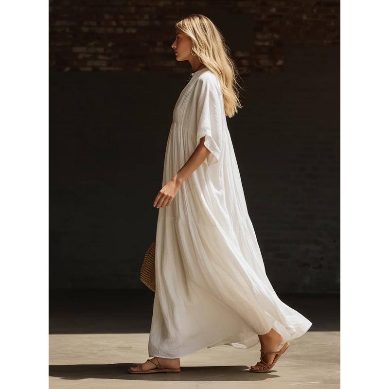 Abito Maxi Estivo da Donna a Manica Corta a Pipistrello, Scollo a V, Colore Unito, Ampio e Fluido, Casual, Lungo, per Vacanze, Spiaggia, Uso Quotidiano