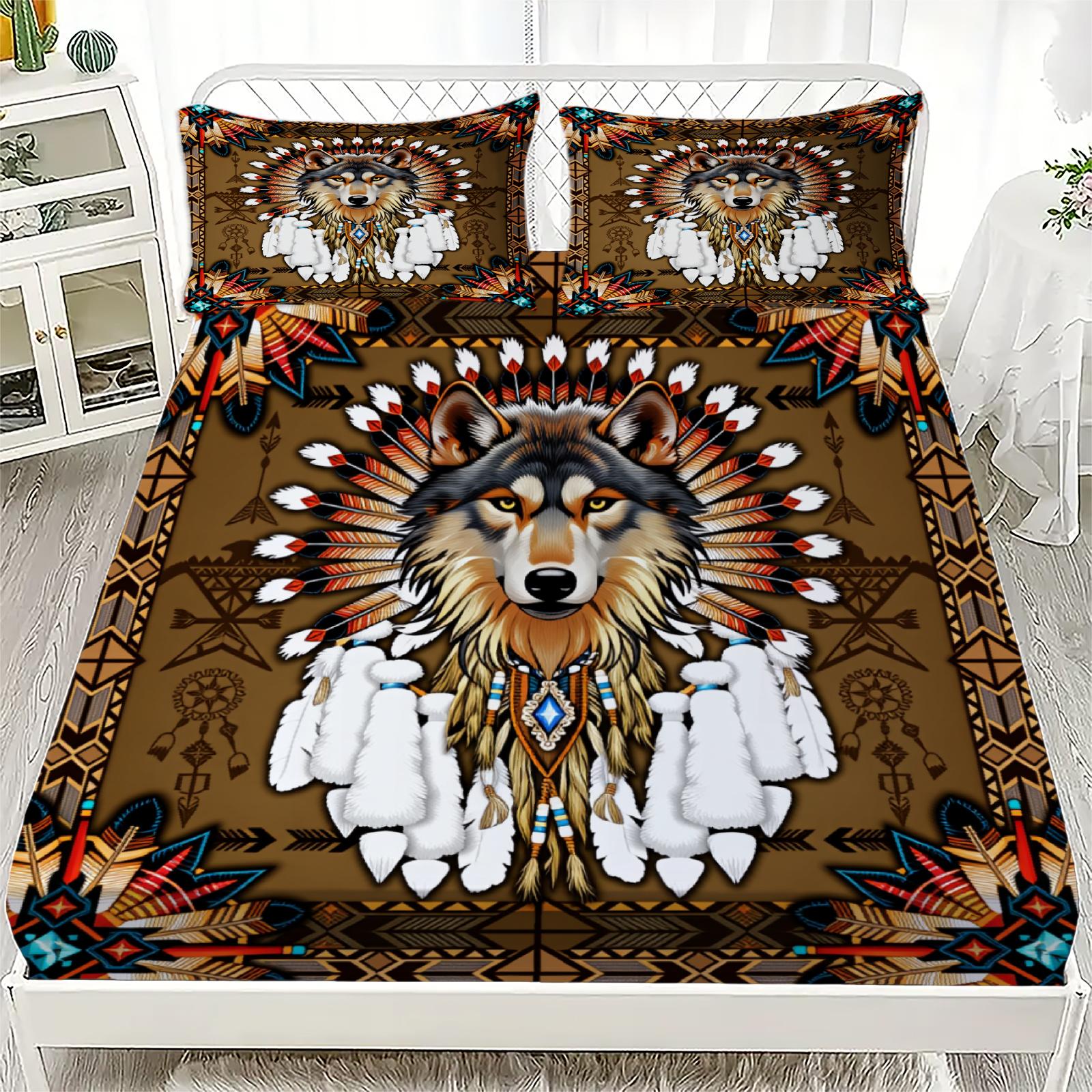 

3pcs Brown Wolf Fitted Sheet Sets 3D Printed Dream Catcher Home Decoration Gifts For Teen Boys Bedroom Soft Flat Sheet 99x190x25cm