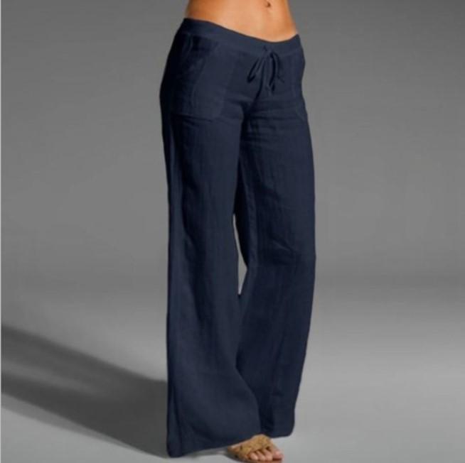 Pantalones Casuales de Algodón Lino para Mujer de Pierna Ancha con Cordón - Talla Grande, Color Sólido