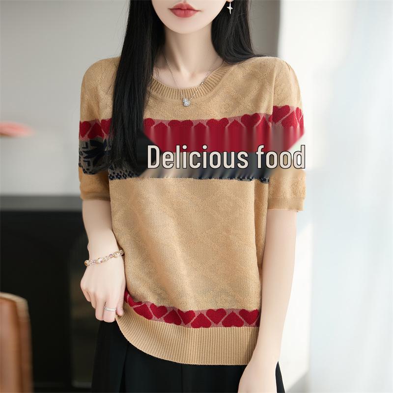 

Retro Jacquard Knitted T-Shirt for Moms: Stylish, Age-Reducing, Versatile & Loose-Fit Summer Wear for Middle-Aged & Elderly Women M (42.5-55kg) верблюд