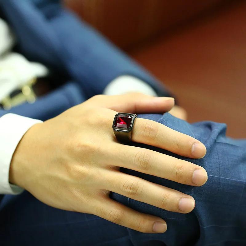 Black/Gold Plated Stainless Steel Men's Ring Square Red Zircon Stone Classic Signet Rings