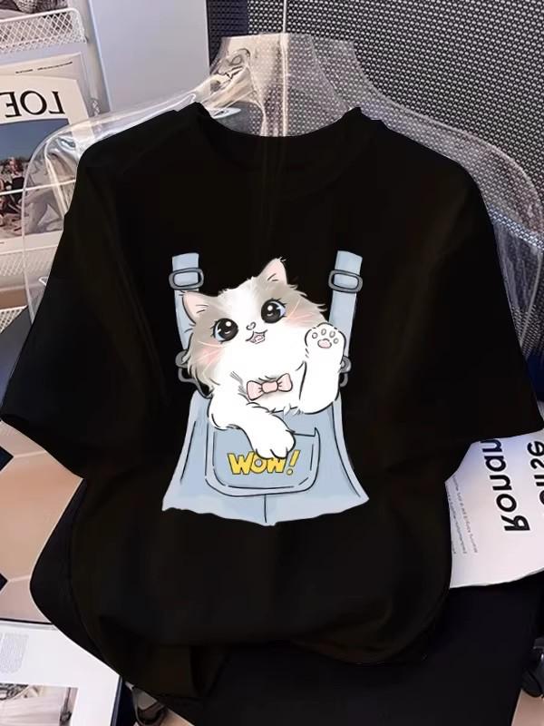 Cross-Border E-commerce Women's Cartoon Kitten Print Short-Sleeve T-Shirt, 2026 Summer, Plus Size, Loose Fit, Trendy Slimming Design.