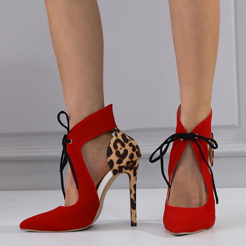 Fashion Cross-Tied Women Pumps Sandals Sexy Pointed Toe Wedding Stripper High Heels Leopard Print Stiletto Shoes Mules