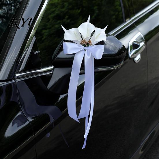 Rearview Mirror Ribbon Bows Calla Lily Wedding Car Door Handle Decorative Flower, White Artificial Flower Bouquet Elegant Gold Bead Satin Streamers