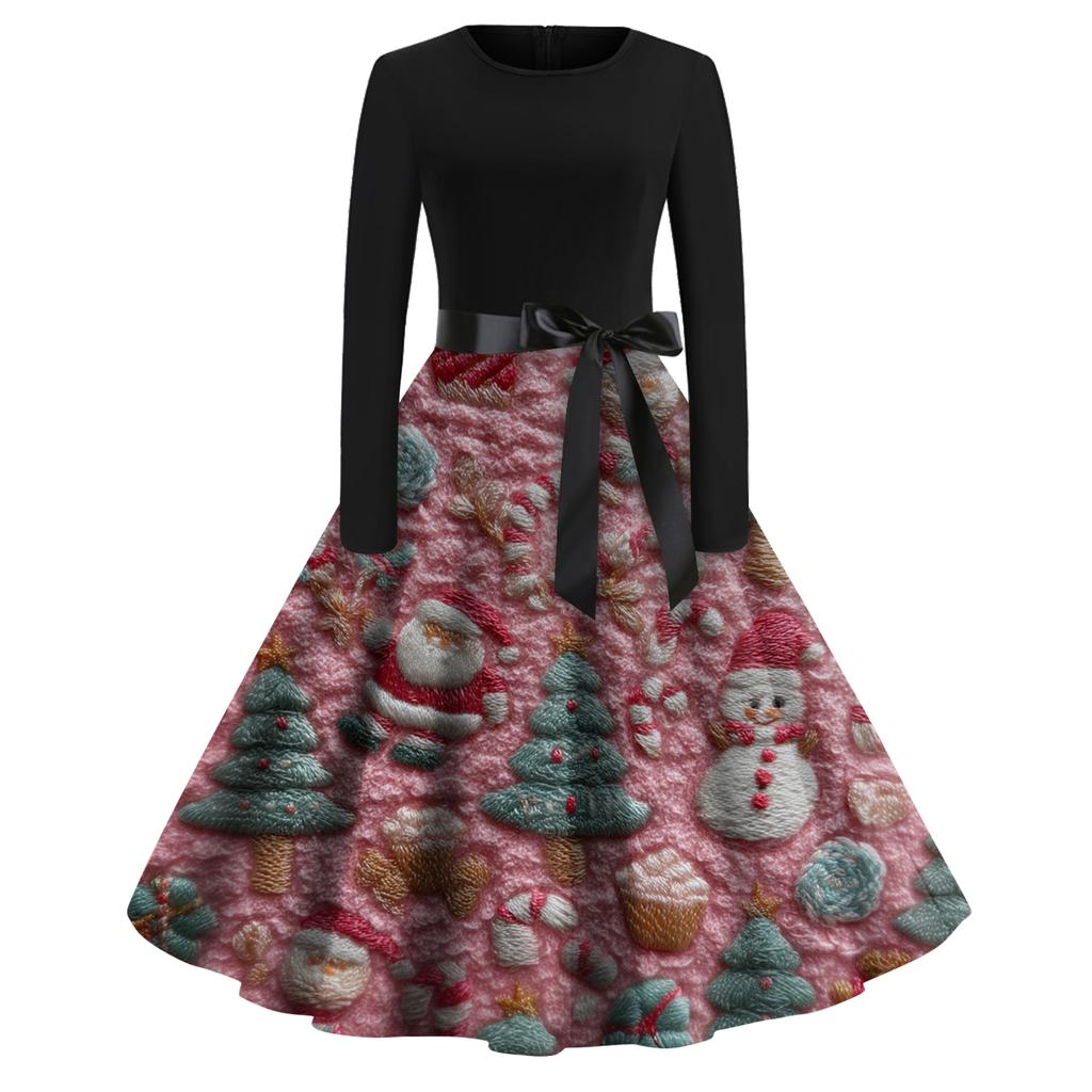 Dámské módní kulaté ležérní slim fit šaty s vánočním potiskem, velké kolové, s dlouhým rukávem