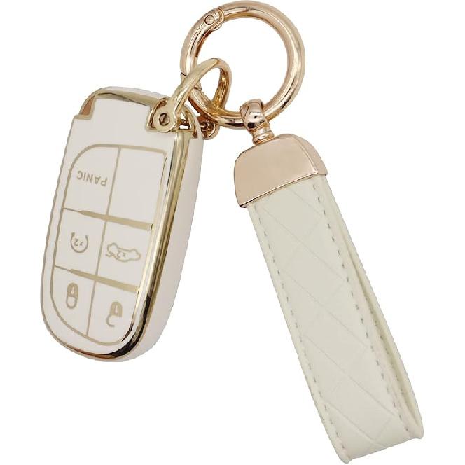 SUNCARACCL for Jeep Key Fob Cover with Leather Keychain, Soft TPU Full Cover Protection Key Case for Grand Cherokee Renegade Dodge Durango Challenger