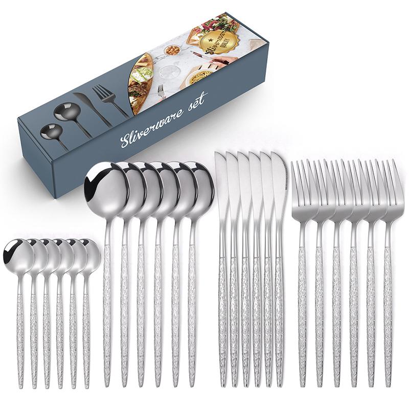 

24Pcs Hammered Silverware Set, Stainless Steel Flatware Cutlery, Spoon, Knife, Fork, Tableware for Kitchen Home Party Wedding