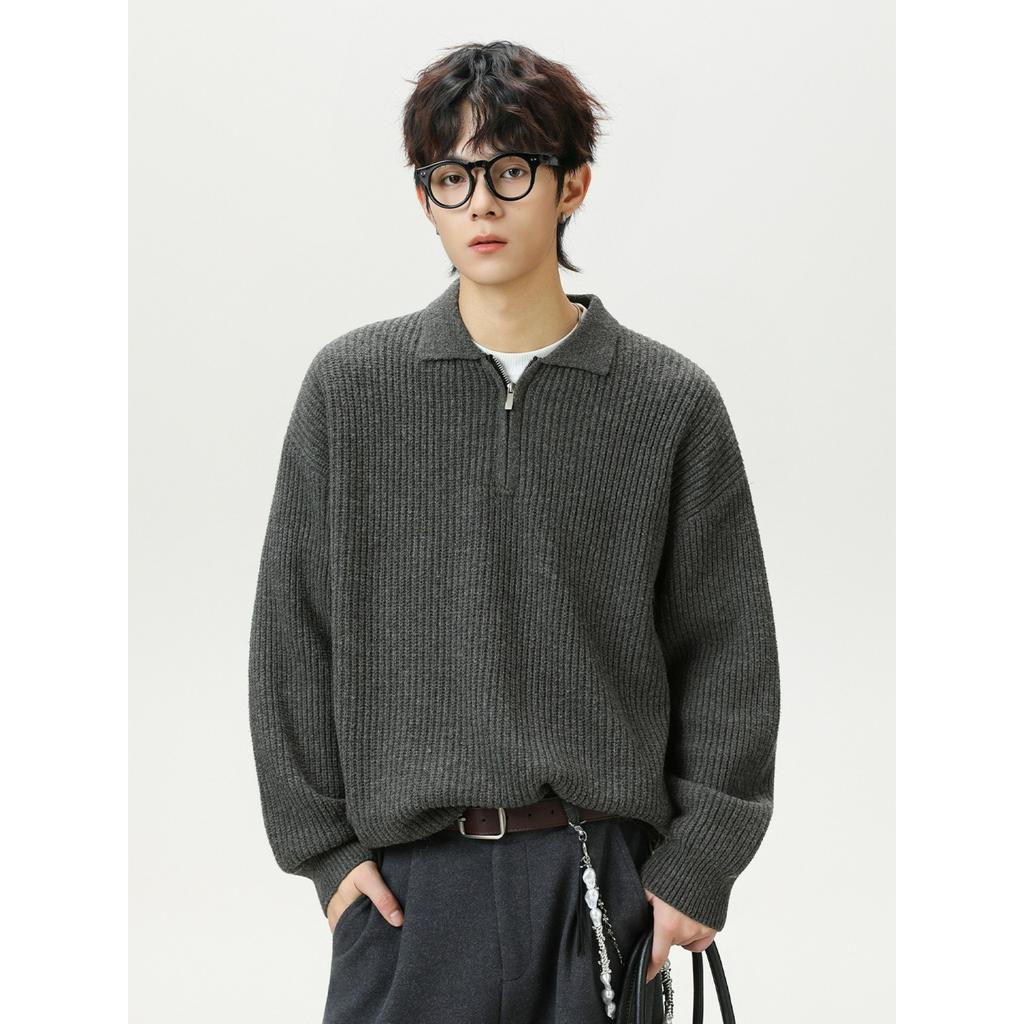 Cardigan Half-chain Lapel Sweater Men's Autumn and Winter Models Loose Texture Imitation Deer Plush Heavy Pullover Sweater Jacket