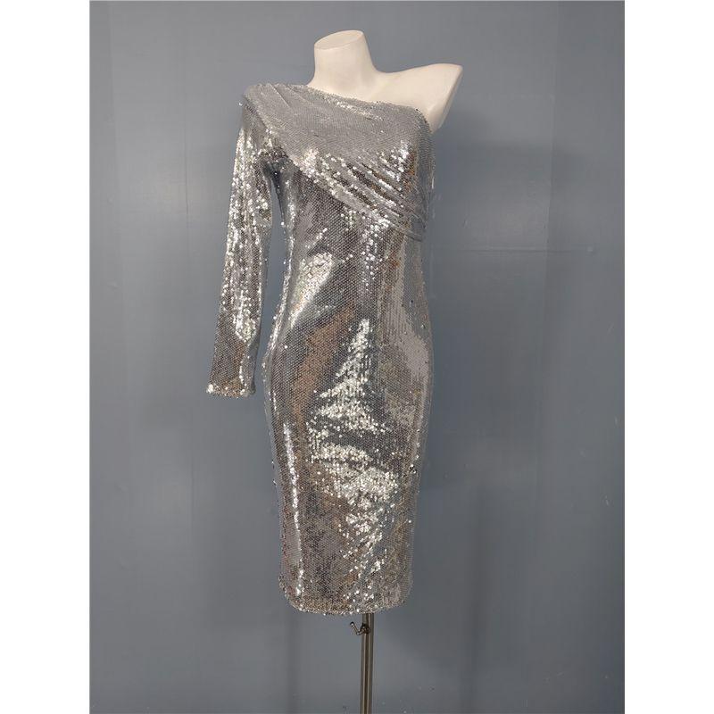 Export Single Shoulder Sexy Long Sleeves Waist-Tight Annual Party Party Dress Ruffles Evening Midi Dress Sequin Shiny