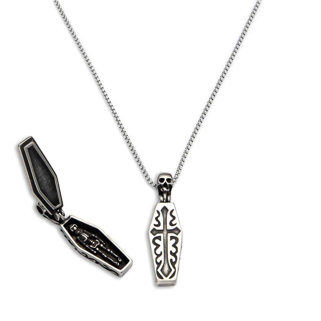 Coffin-Shaped Skeleton Pendant Necklace with Vine Pattern on Antique Silver Chain