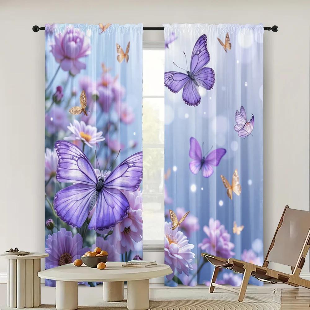 2pc    Window Curtains Butterfly Pattern Versatile Polyester  Without Electricity Versatile Use for College Dormitory Decoration