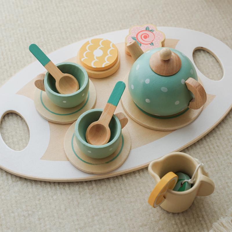 Wooden Afternoon Tea Set Toy Pretend Play Kitchen Accessories Tea Party Food Toys Playset for Toddlers Girls Boys Kids Gifts