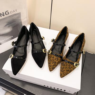 French Temperament Soft Leather Leopard Print Shoes 22 Spring and Autumn Models Black Temperament Pointed One-word Buckle Belt Low-heeled Single Shoes