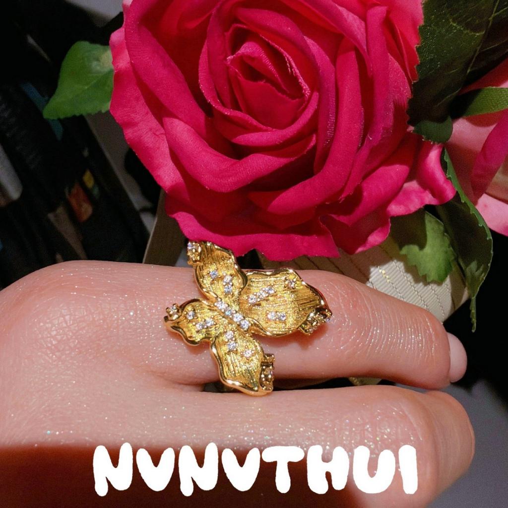 Brushed Meridian Flower Gemstone Ring Vintage Plated 18K Gold, Lock Zircon Ring