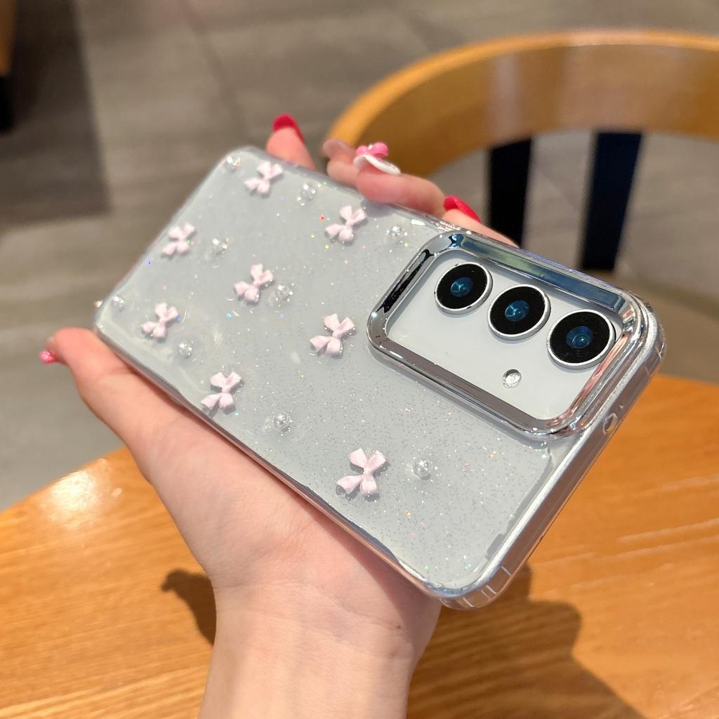 3D Bowknot Drip Glue Pearl Clear Case For Samsung S25 S24 S23 Plus Ultra A56 A36 A26 A16 A06 A55 A35 A25 A54 Cute Bow Tie Cover