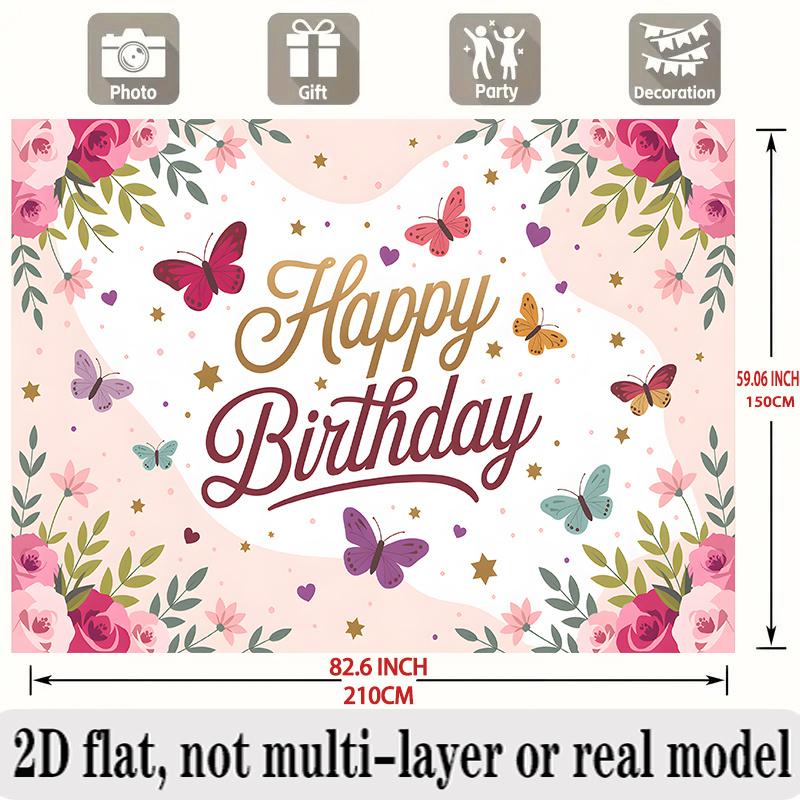 Party Backdrop Floral Elegant Flat Butterflies Golden Script Text Photo Booth Decor Birthday Party Decor
