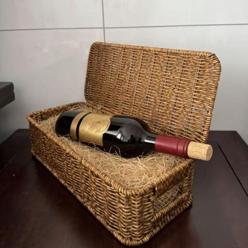 Rectangular Woven Storage Bin With Cover Plastic Storage Basket For Wine Present Packaging And Household Organization