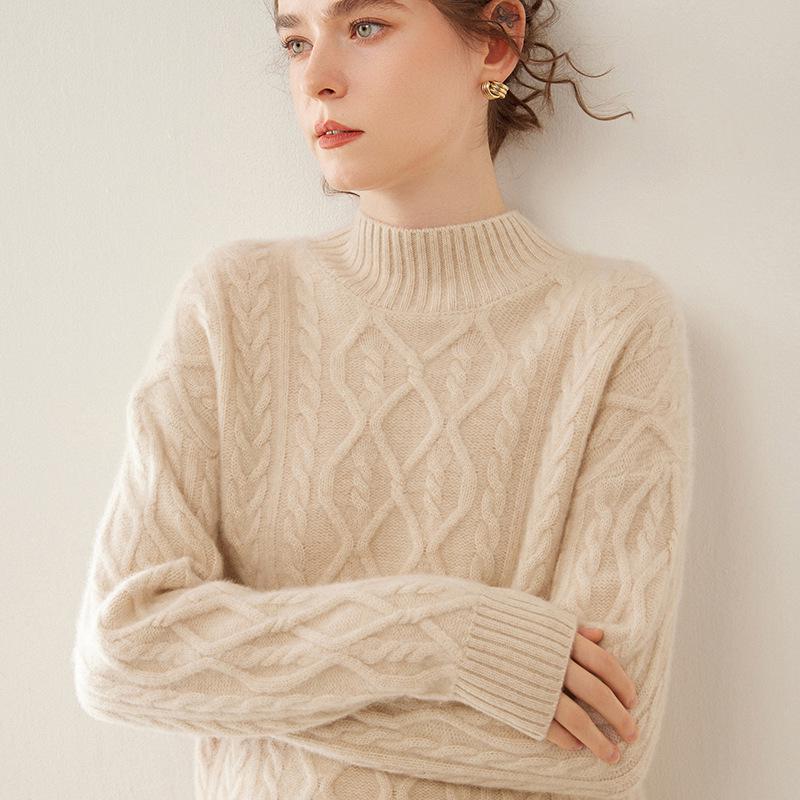 Versatile Women's Cashmere Cable Knit Sweater - Loose Slimming, Half-High Neck, Warm Base Layer