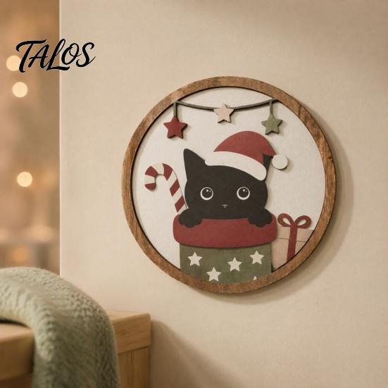 Cute Animal Wall Art Christmas Black Cat Decor, Layered Wooden Hanging Sign, Round 2D Creative Layout Flat Decoration for Living Room Bedroom And Hall