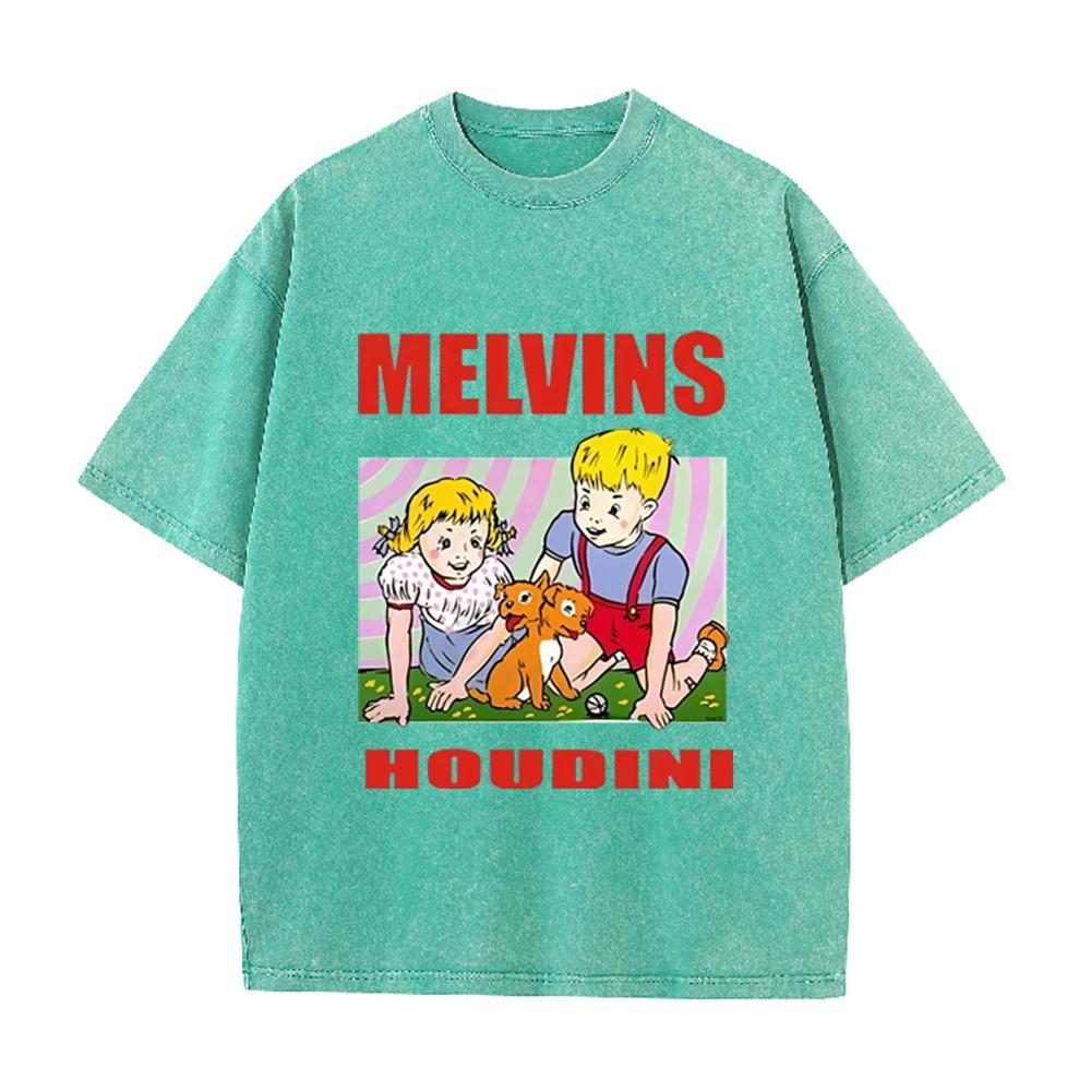 Melvins "Houdini" Retro Album Print Vintage Washed Green Casual Graphic T Shirt