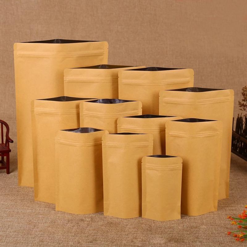50pcs Kraft Paper Self-supporting Bag Thickening Waterproof Sealing Bags Snacks Dried Fruits Tea Storage Packaging Bag