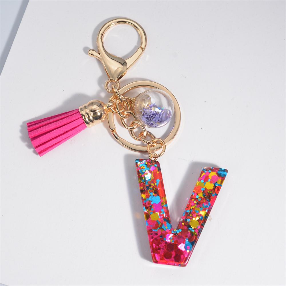 Fashion Tassel Star Ball 26Letters Keychain Colorful Sequins Resin Key Ring for Women Girls Car Handbag Phone Case Pendant Gifts