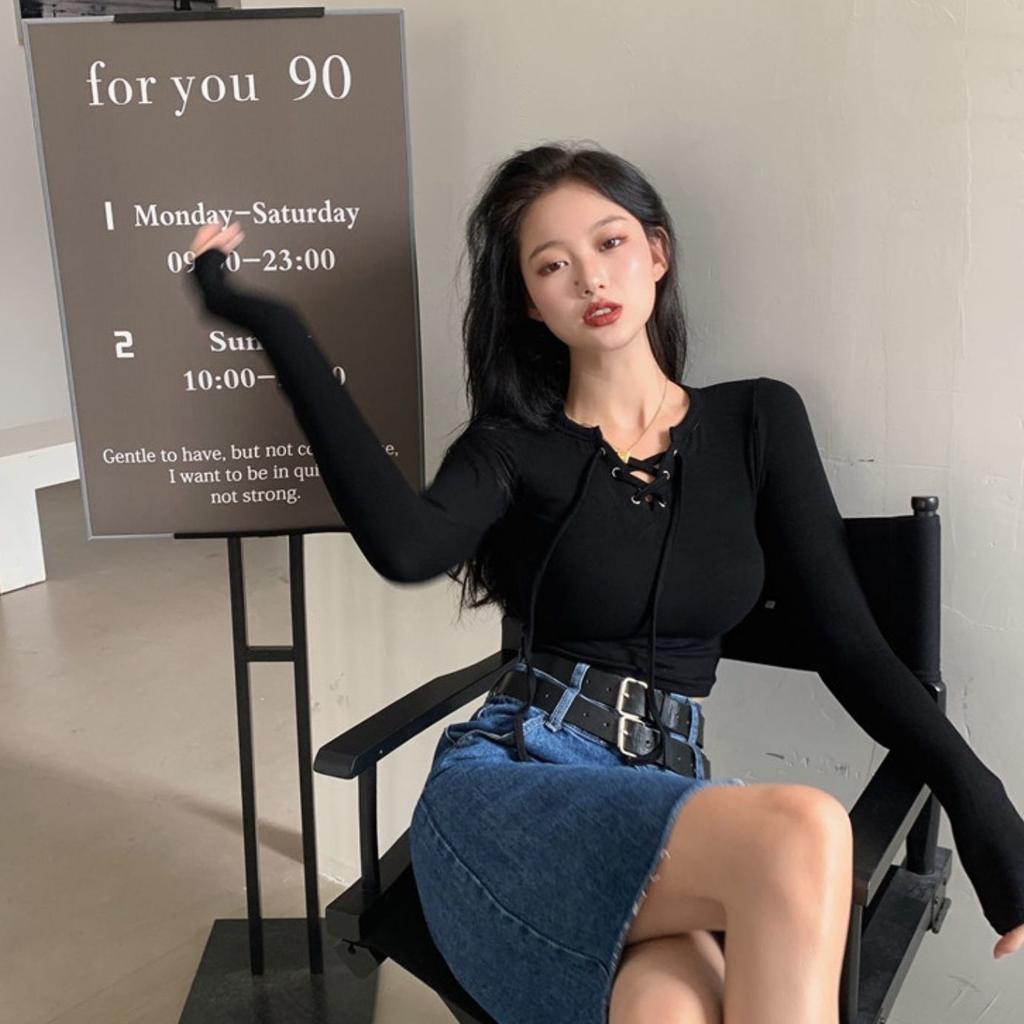 Dámské topy s dlouhým rukávem Sexy přiléhavé letní a jarní šněrování s výstřihem do V Móda Jednobarevné Jednoduché s dlouhým rukávem