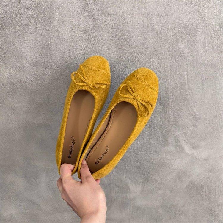 Soft leather version~ French retro round head bow light mouth single shoes women's autumn 2025 new suede ballet shoes