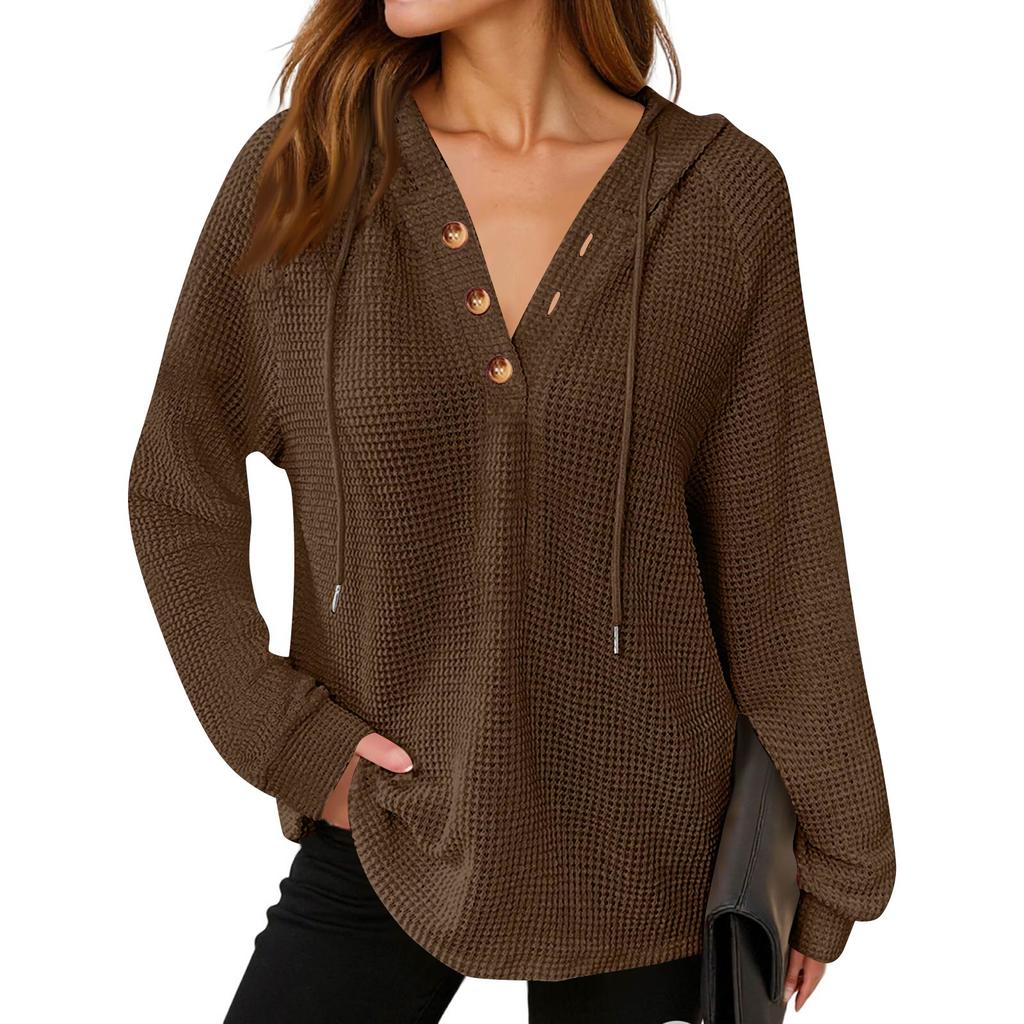 Women's Fashion Long Sleeve Drawstring Hooded Button V-neck Casual Hooded Sweatshirt Top