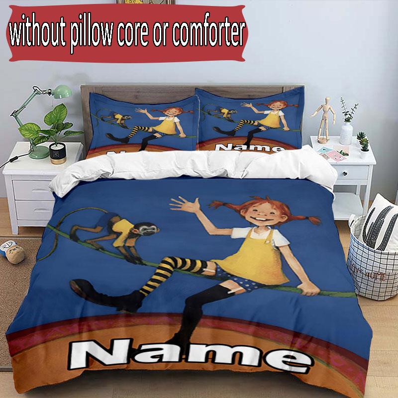 3-teiliges Bettbezug-Set (1 * Bettbezug + 2 * Kissenbezug, ohne Kern), Personalisierbares Bettwäscheset mit Pippi Langstrumpf-Muster, Dekoration für Schlafzimmer zu Hause, Geschenk