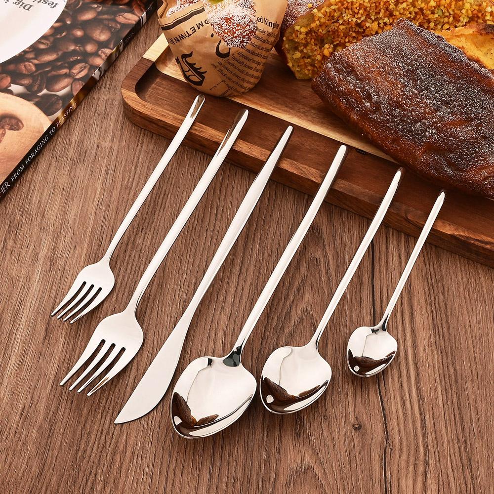 6Pcs Dinnerware Set Stainless Steel Tableware Mirror Dinner Silver Cutlery Set Knife Dessert Fork Spoon Flatware Kitchen Set