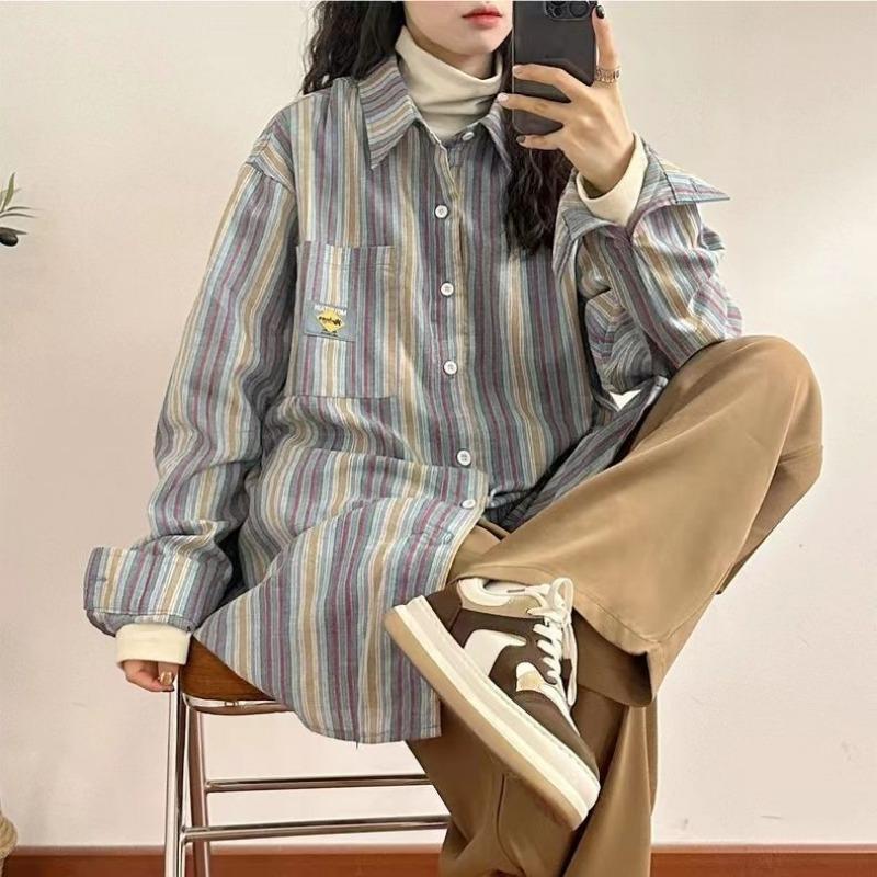 

Unisex Multicolor Striped Oversized Shirt Loose-fit Long Sleeve Casual Button-front Blouse S синій