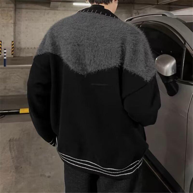 Contrasting Color Splicing Cardigan Sweater Men's Autumn and Winter American Retro Lapel Knitted Sweater Trendy Brand Niche Couple Coat