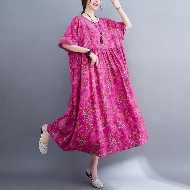 Summer New Literary Age Reduction Large Size Loose and Thin Printed Short-sleeved Long Dress with Pockets Over the Knee Skirt