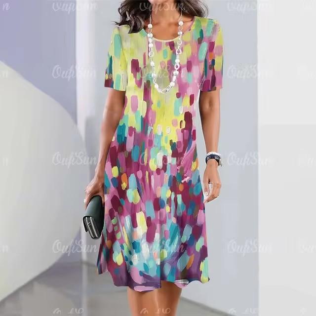 Women Vintage Short Sleeve 3d Print Midi Dress Comfortable Beach Dresses