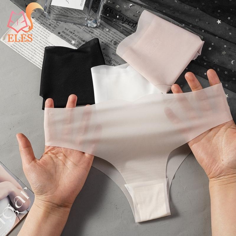Summer Ice Silk Sexy Pure Colour Wavy Edge T-Shape Lingerie Briefs Women's Low Waist Light Transparent Underwear Panties