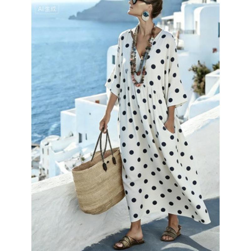New retro ethnic style geometric rhombus print dress V-neck flared mid-sleeved pocket loose holiday dress