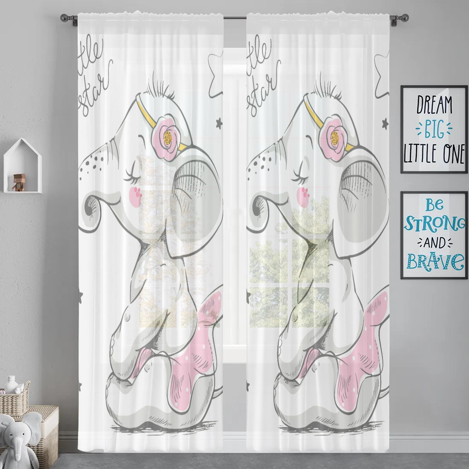 

Herdesings Милые шторы из прозрачного тюля с изображением слонов, шифоновые драпировки, 2 панели, оконные шторы для гостиной, спальни, кухни, для украшения 2PC W74 x H91cm
