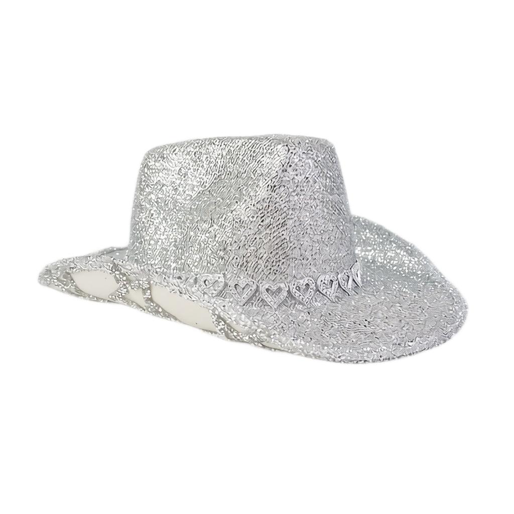 Decorative Western Hat with Feather Trim, Heart Shape, Rhinestones and Star Accents for Holiday Party
