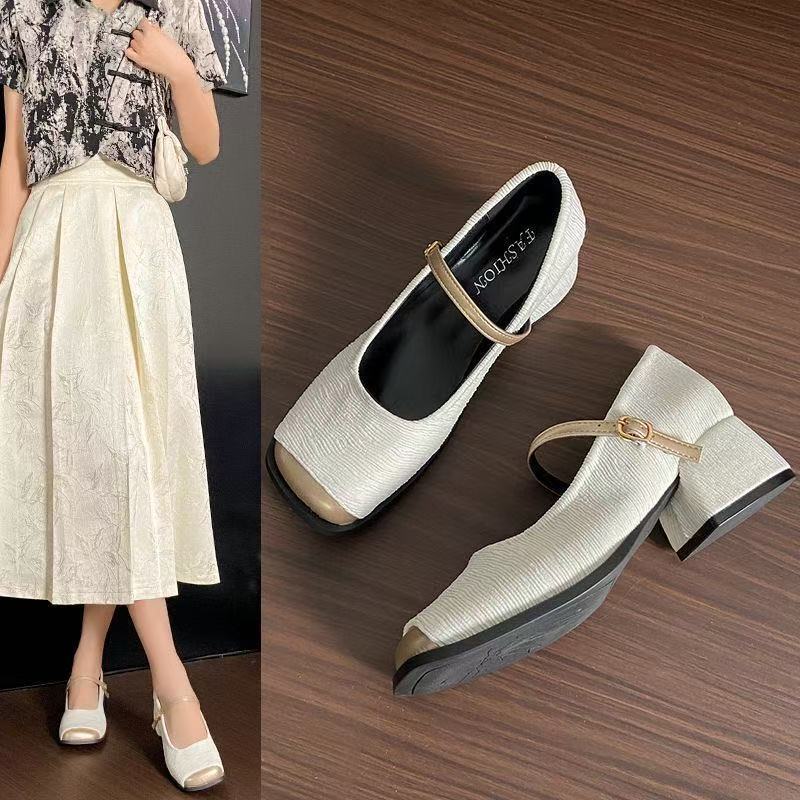 French thick heel small fragrant Mary Jane single shoes new spring and autumn square head black evening shoes