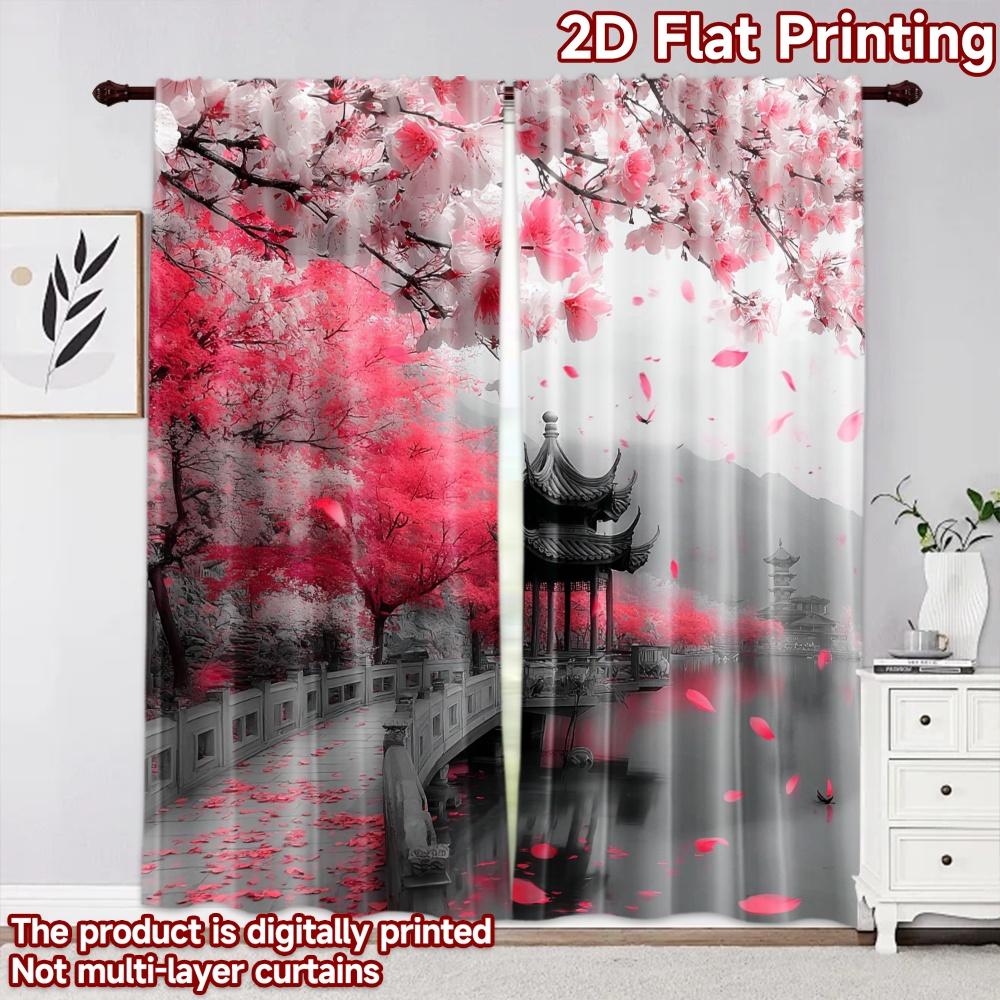 2D flat printing 2pcs Curtain Curtain Spring Cherry Blossom Bridge Digital Printed Polyester Drapes Family Party Use for Indoor