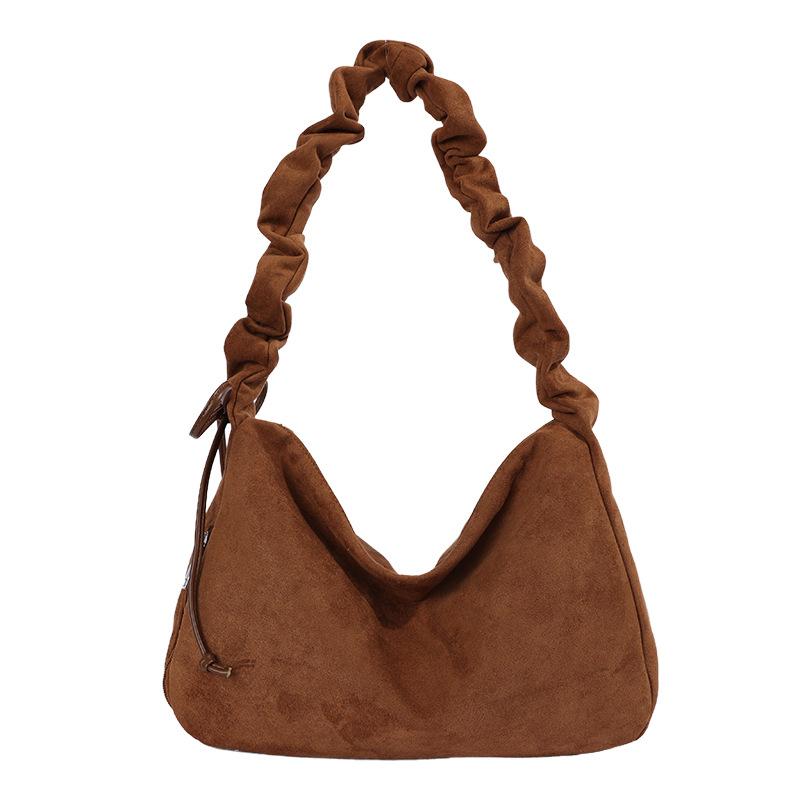 Korean retro single shoulder bag for women, lazy style, deerskin fleece drawstring shoulder strap, crossbody bag, large capacity underarm commuter bag