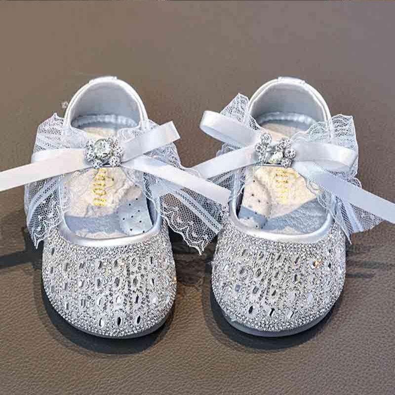 Girls Silver Crystal Princess Leather Shoes Kids Spring Fashion Flat Shoes Children Dress Shoes for Performance
