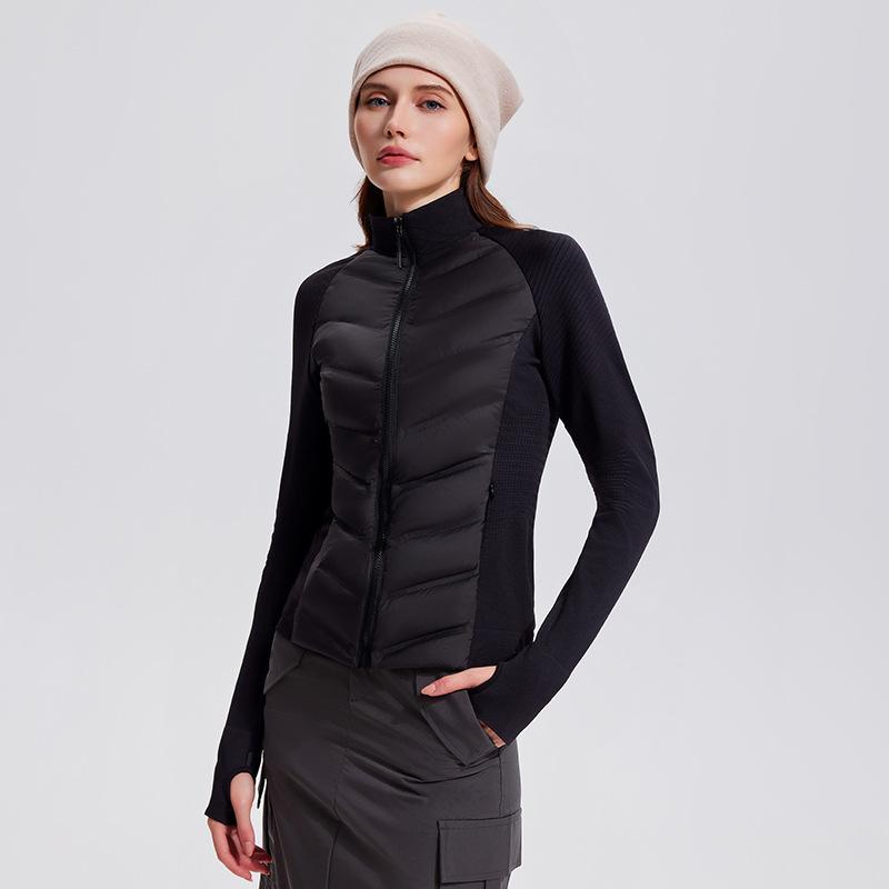 Three-proof sports down jacket women's outdoor running windproof and warm fitness top light and slim stand-up collar ribs jacket