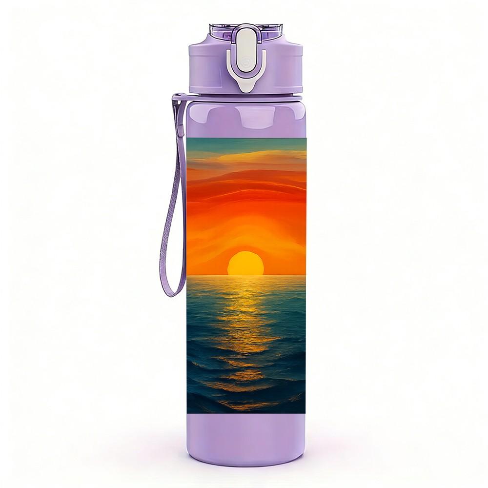 1PC Ocean Sunset Sky Landscape Print 750ml Color Plastic Sports Water Bottle Leakproof Flip Straw Lid Suitable for Sports Office Home Use