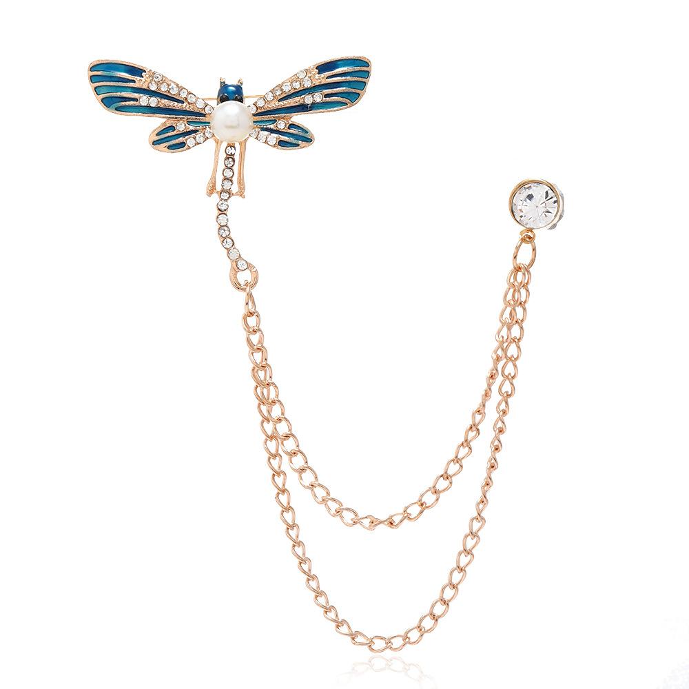 Wersja Koreańska Piękna Broszka Ważka Inkrustowana Diamentami Wszechstronna Agrafka do Kołnierzyka z Łańcuszkiem Klamra Spersonalizowana Korsarz Klamra do Kołnierzyka Przypinka Medal