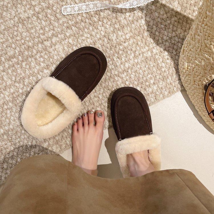 Lazy Half-pack Outer Slippers Women's 2025 Winter New Non-slip One-pedal Fur Integrated Plush Cotton Shoes